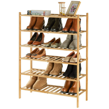 6-Tier Bamboo Shoe Rack, Stackable | Heavy Duty | Multi-Function, Free Standing Shoe Racks Hallway Closet