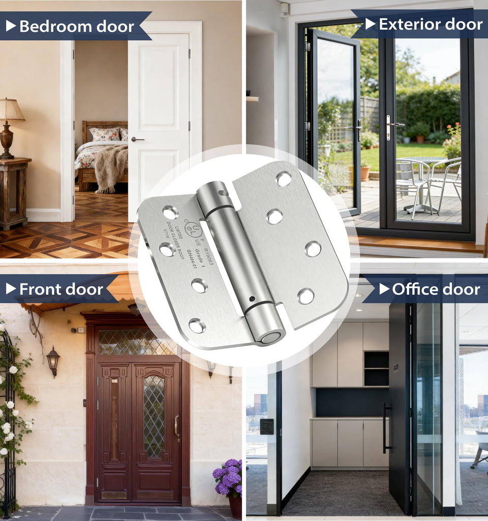 3-Pack 4 Inch Self Closing Door Hinges, 5/8" Radius Corners, Brushed Nickel