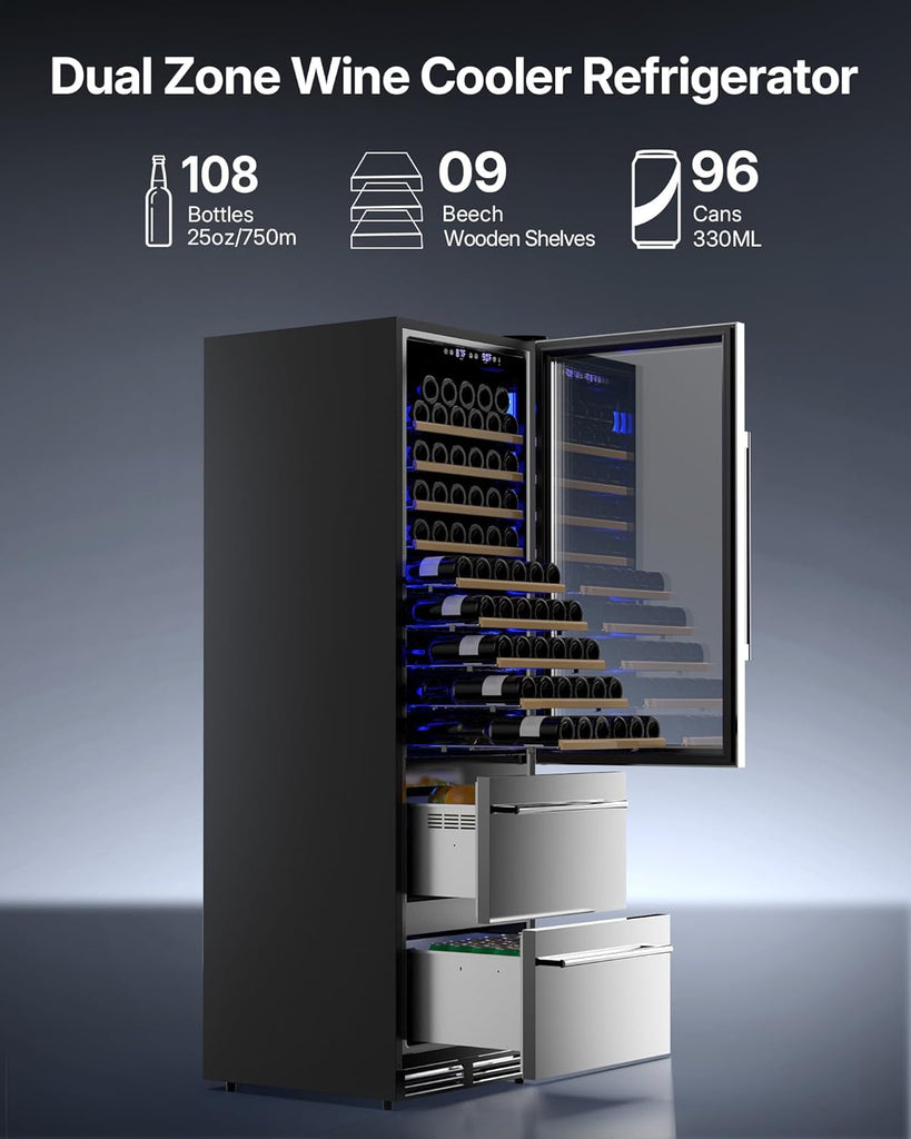 Wine and Beverage Refrigerator, 24 Inch 2 IN 1 Dual Zone Wine Cooler, Built