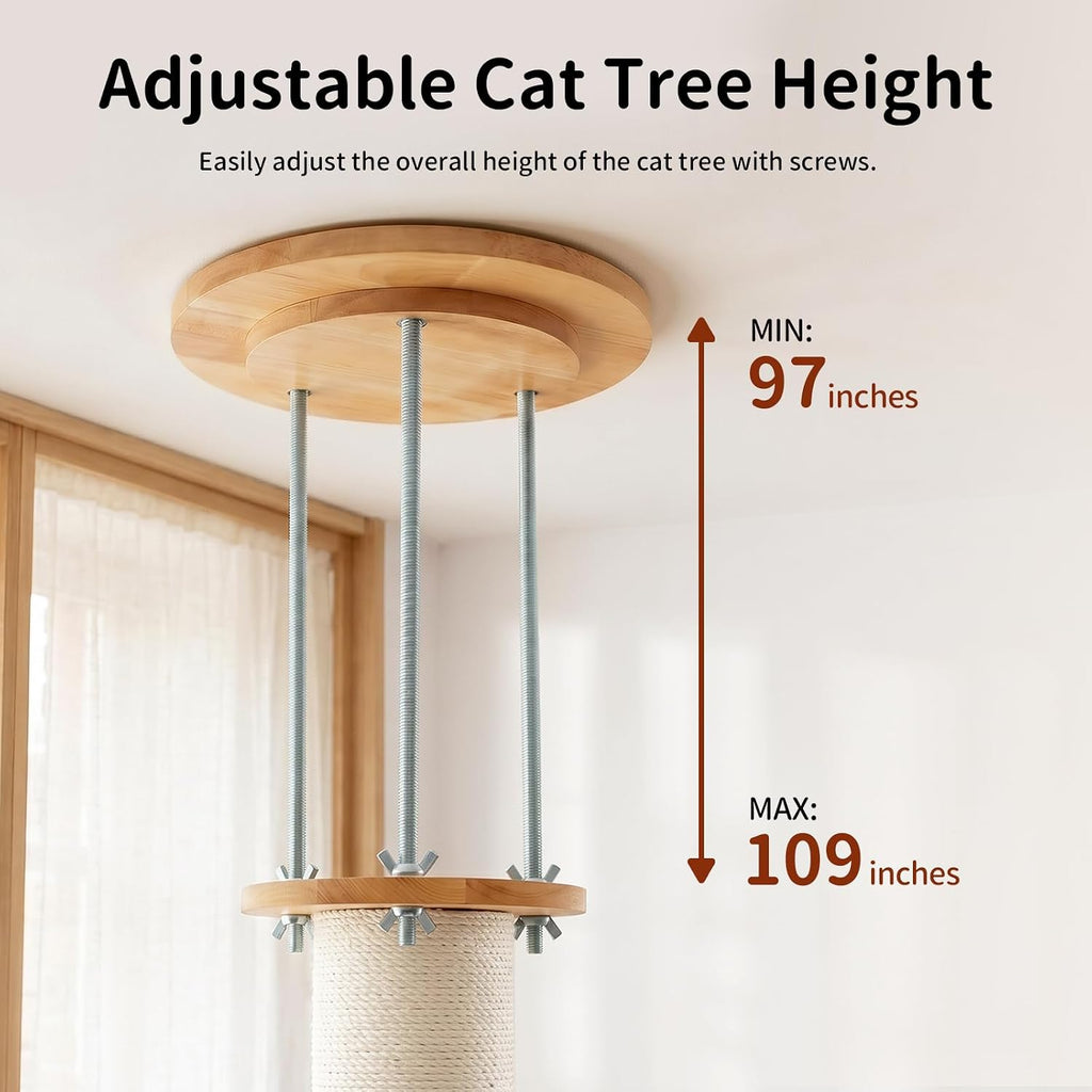 Floor to Ceiling Cat Tree Tower, Rubberwood Cat Window Perch with Cat Scratching Post, Hammock Ect, Adjustable Height