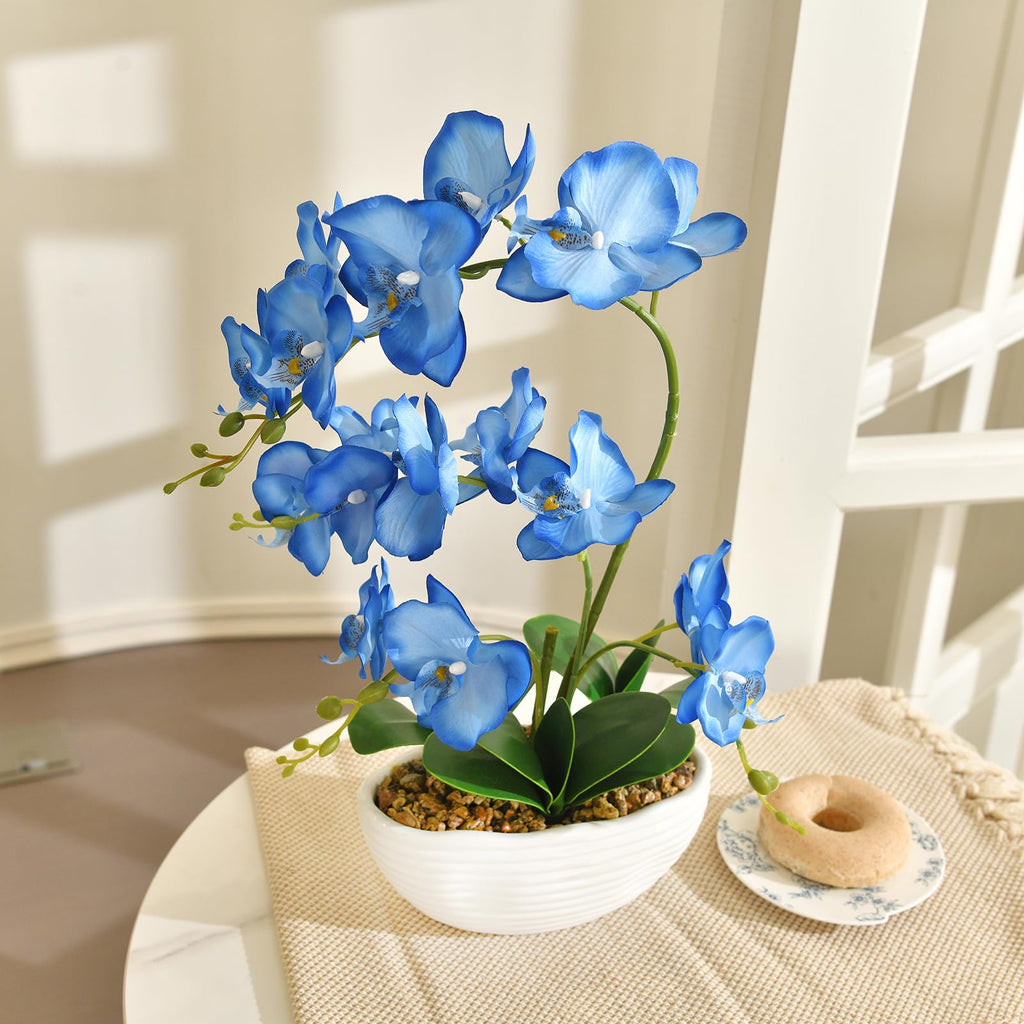 Large Silk Orchid in Wave Pot 19" Phalaenopsis Centerpiece for Table, Blue