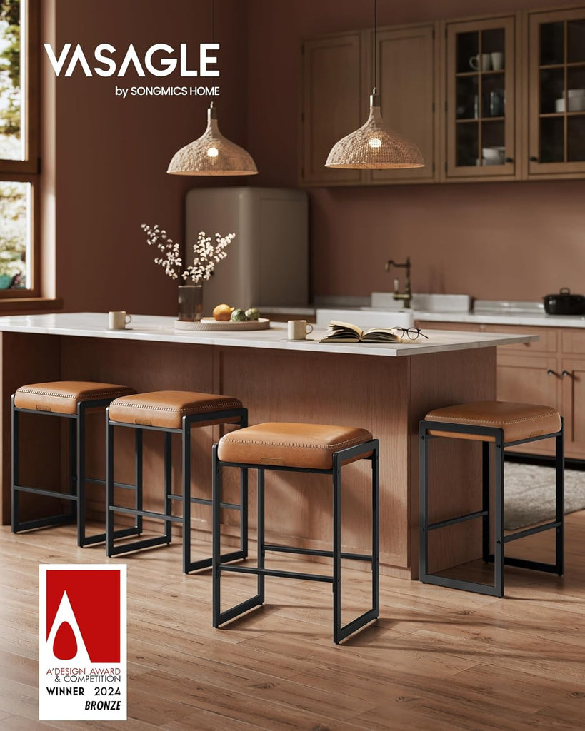 EKHO Collection - Bar Stools Set of 4, Counter Height Bar Stools, Synthetic Leather with Stitching, Mid-Century