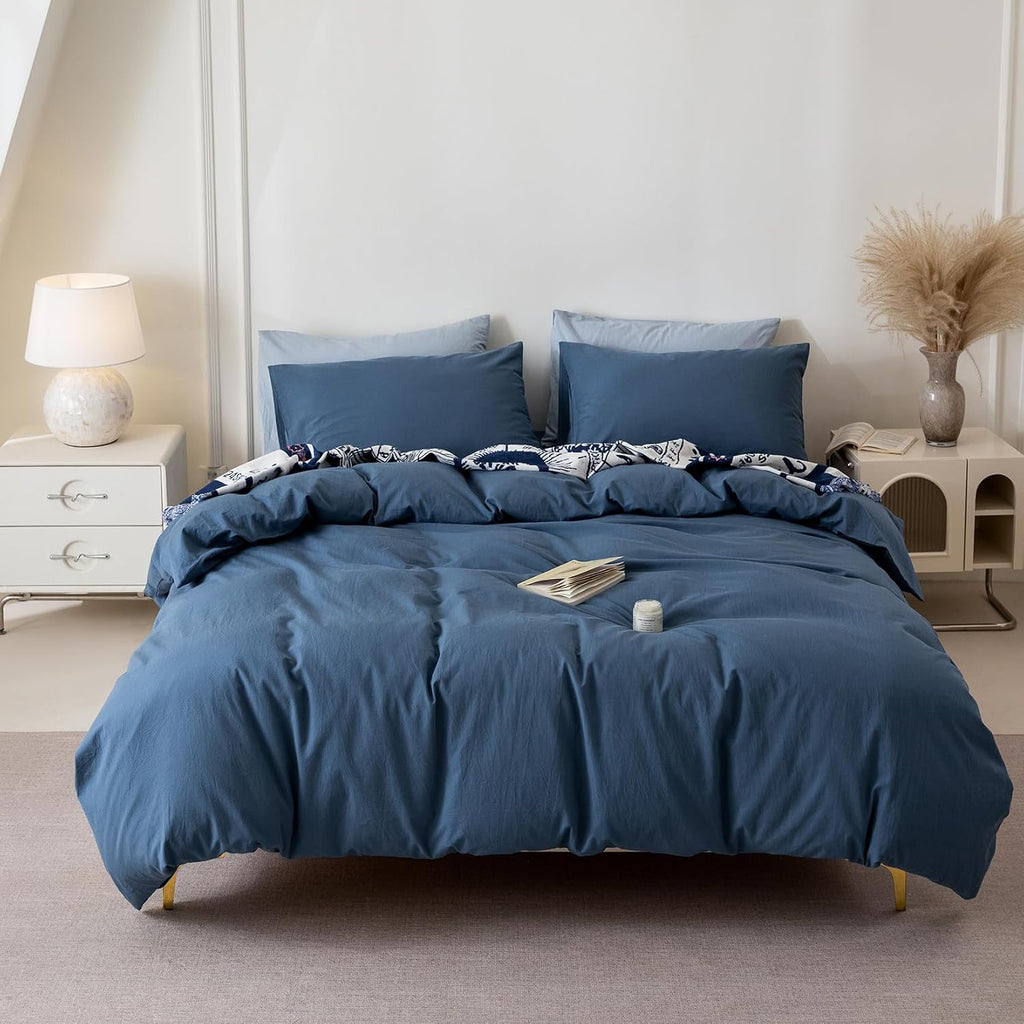 3 Pieces Gray Blue Duvet Cover Set Queen 90'' L 90'' W, 100% Washed Cotton Duvet Cover with Zipper Closure Plus 2
