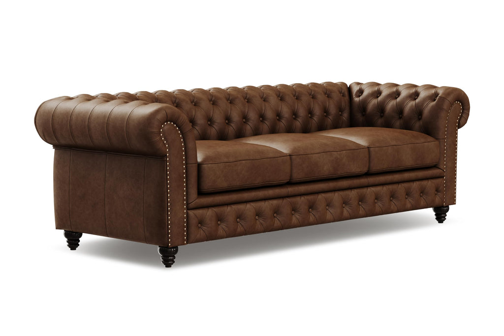 Parma 92" Leather Chesterfield Sofa, Full Leather Upholstery, 3 Seater with Button-Tufted Back, Solid Wood Feet