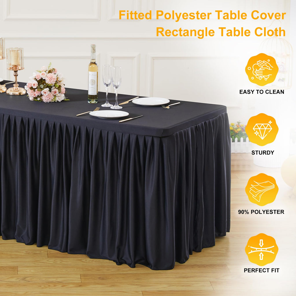 Care 2 Pack Black Rectangle Table Clothes for 6 Foot Tables, Polyester Fitted Tablecloths 6t Stretch Table Cover for