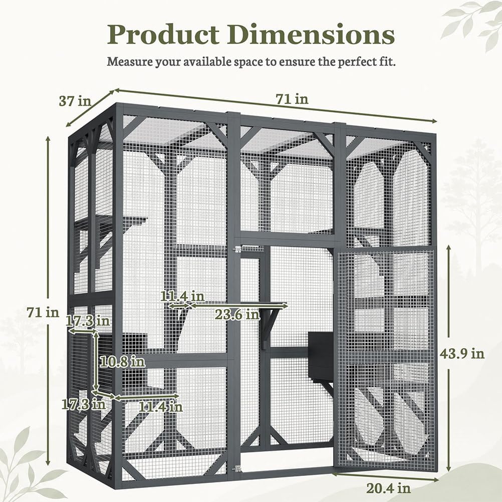 71 Inch Catio Outdoor Cat Enclosure, Wooden Walk-in Cat House with Waterproof Polycarbonate Roof, Wire Mesh Panels