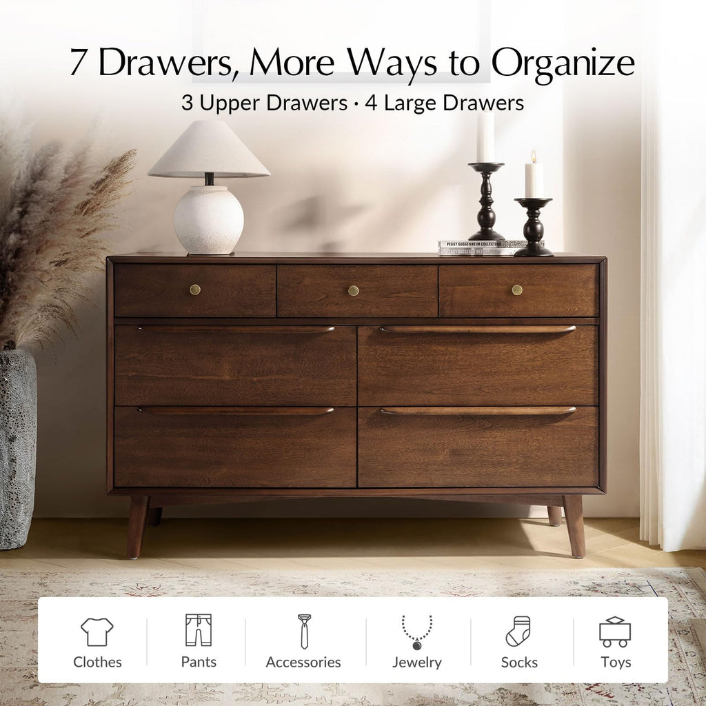Mid-Century Modern 7-Drawer Dresser with Dividers (Walnut)