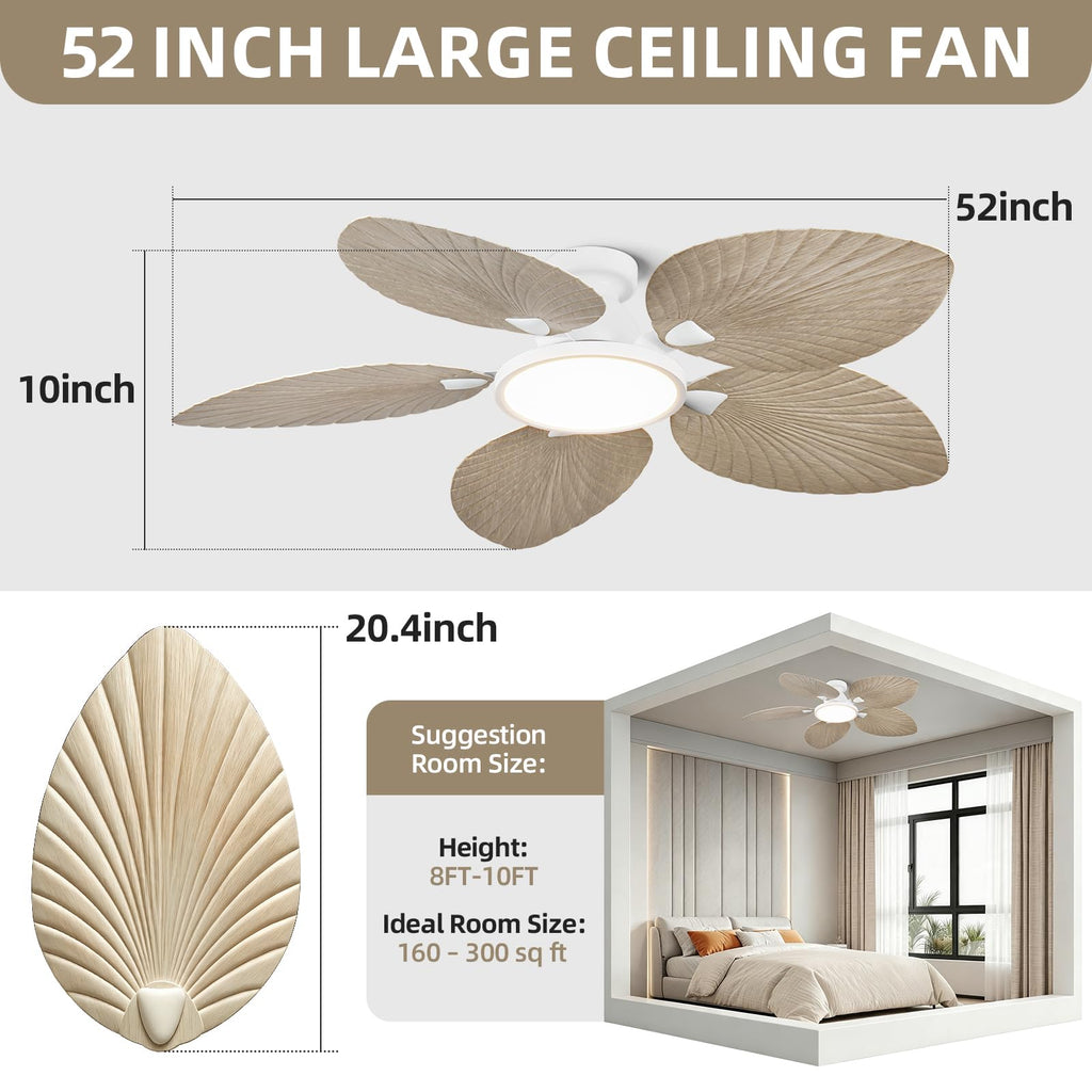 52 Inch Boho Palm Leaf Flush Mount Ceiling Fan with Light and Remote White Motor, Natural Wood Finish Blades, Quiet