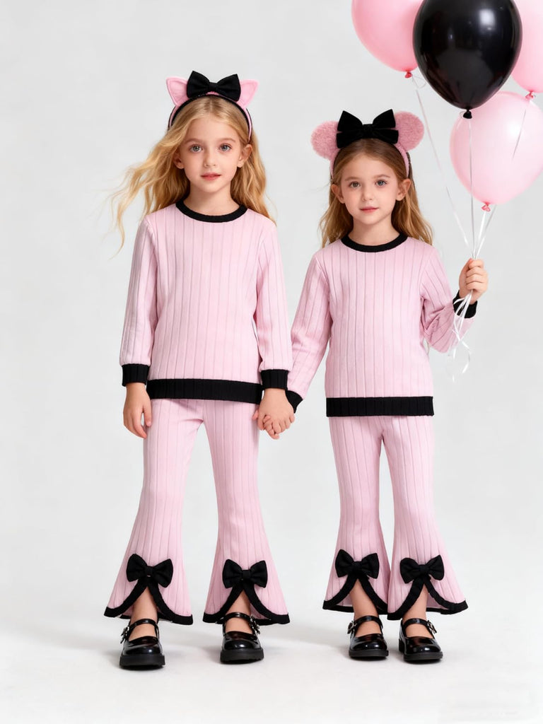 Toddler Girls Clothes Ribbed Color Block Pullover Tops + Flare Pants Set Fall Outfits