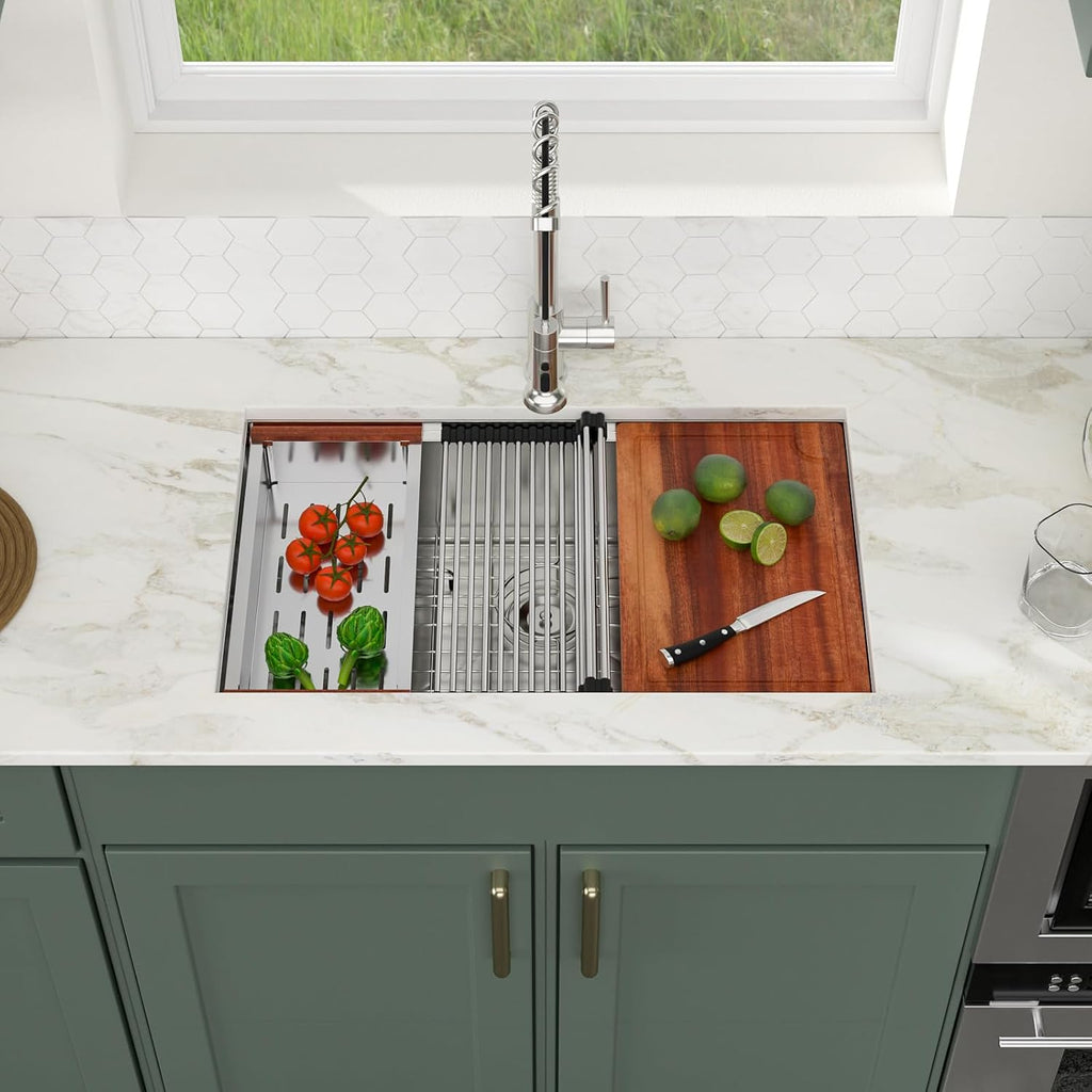 32x19 Undermount Kitchen Sink All in One Workstation 16 Gauge SUS304 Stainless Steel Single Bowl 9" Deep Handmade