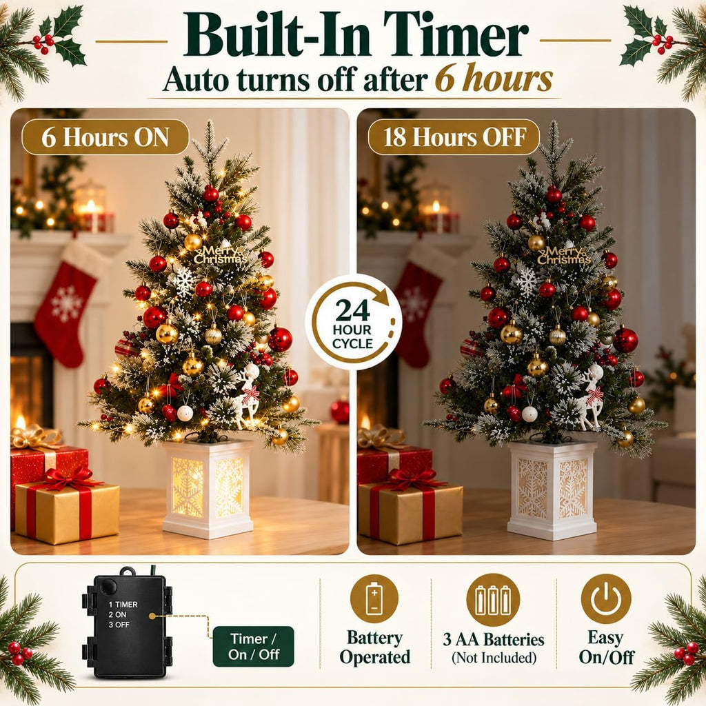 3 Ft Pre-Lit Christmas Tree, Artificial Christmas Tree with Base, Xmas Tree with Timer, Christmas Decoration , Easy