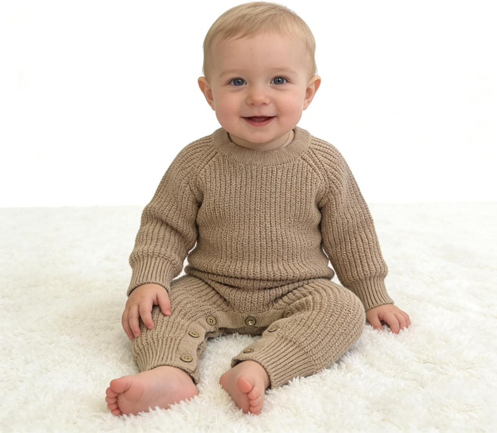 Cozy Baby 100% Cotton Knitted Romper, White Long Sleeve Jumpsuit, Winter Outfit, Button Closure