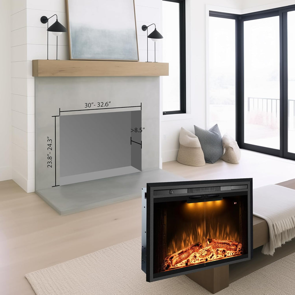 33 Inch Electric Fireplace Insert with Glass Door and Mesh Screen, Multicolor Flame Effects, Crackling Sound, Timer and Overheat Protection, 750W/1500W