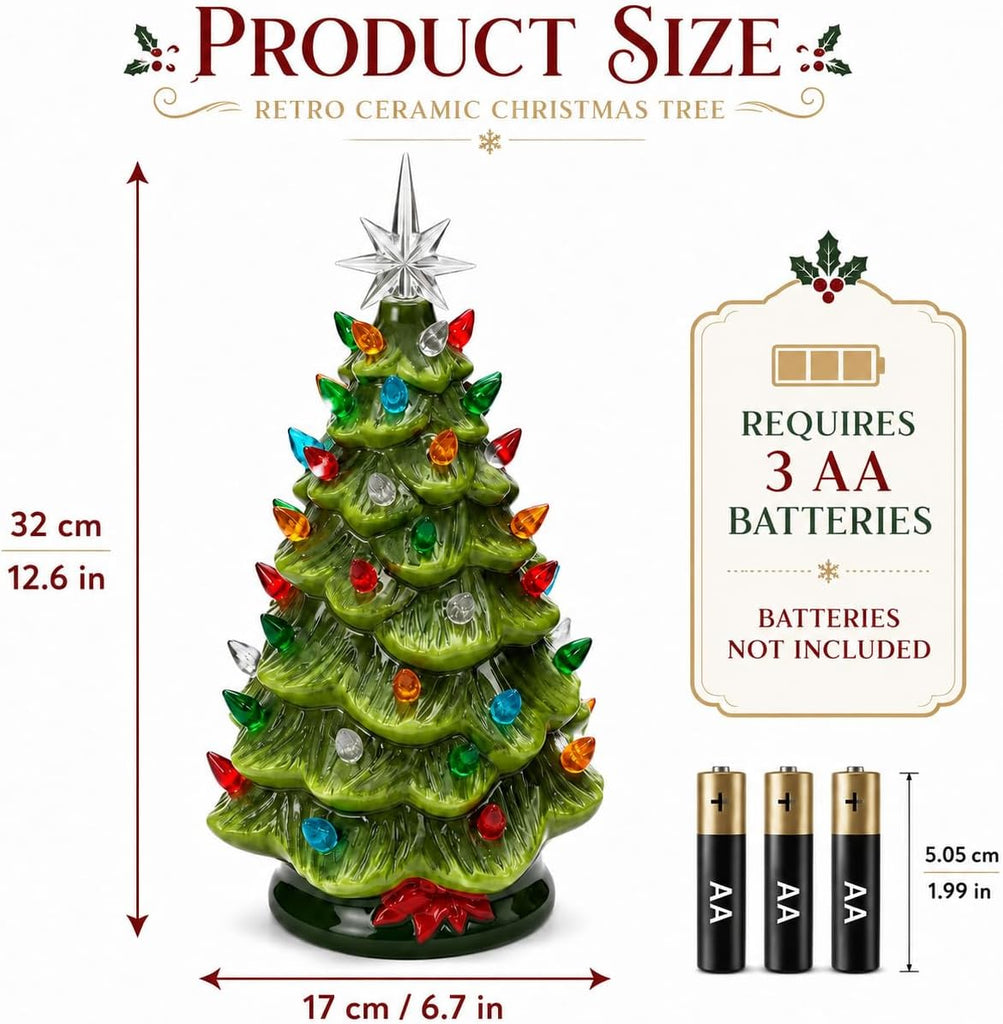 13 Inch Ceramic Christmas Tree with Multicolored Lights and Star, Battery Operated Vintage Lighted Tabletop Christmas
