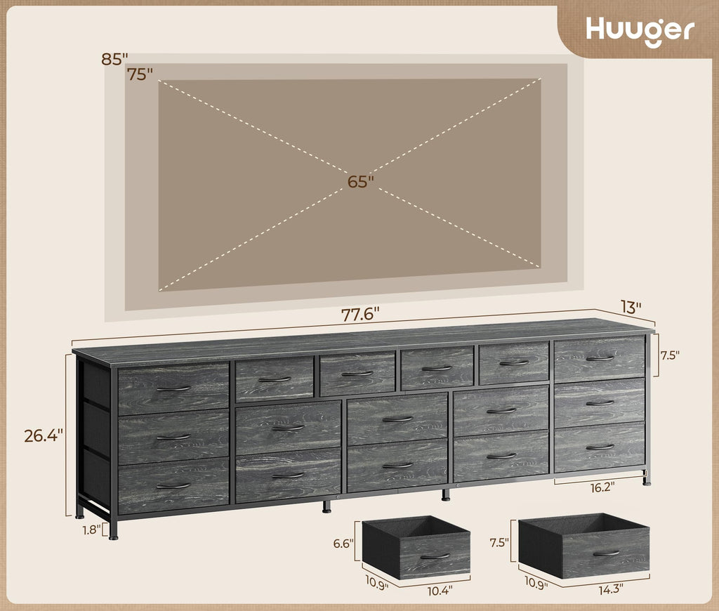 77.6" Long Dresser, 16 Drawer Fabric Dresser for Closet, Wide Chest of Drawers with Storage, TV Stand for 65, 75, 85