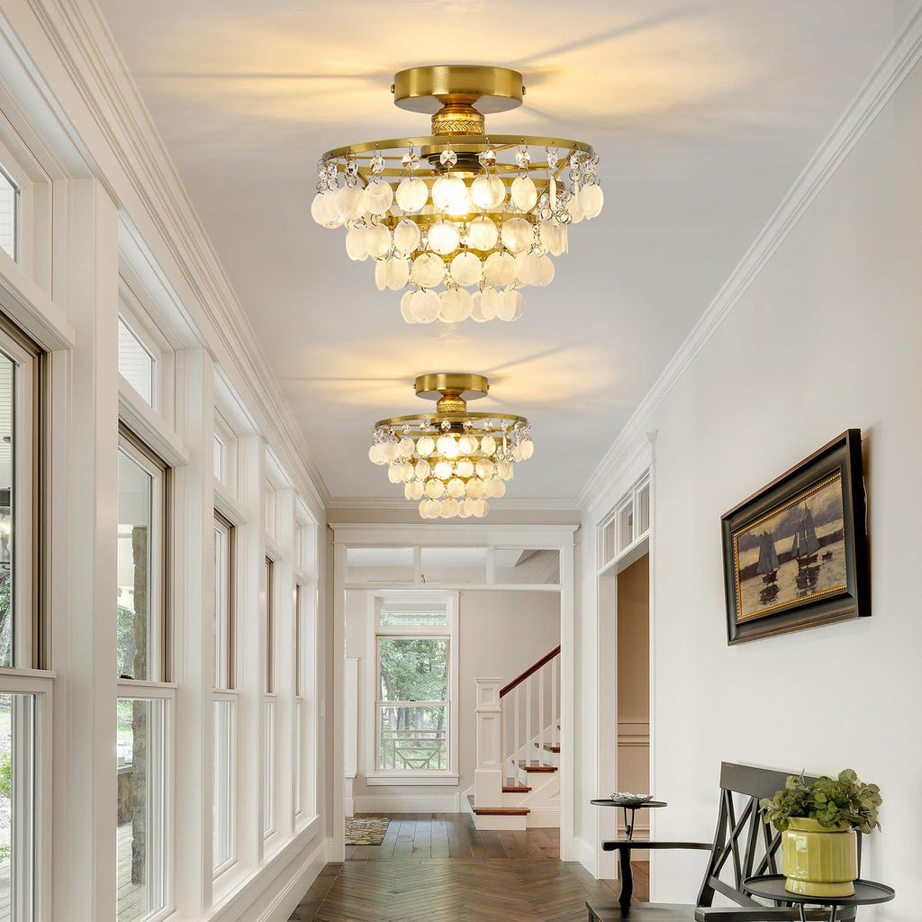 Capiz Shell Ceiling Light, Modern Gold Semi Flush Mount Chandelier with Crystal & Natural Seashell, Small Coastal