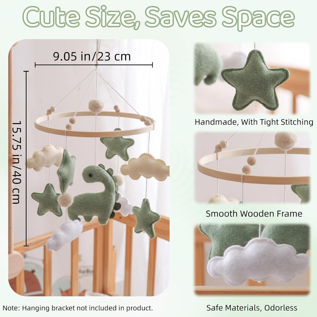 Soft Green Dinosaur Theme Baby Mobile for Crib, Simple Crib Bell for Boys and Girls, Felt Clouds Nursery Ceiling