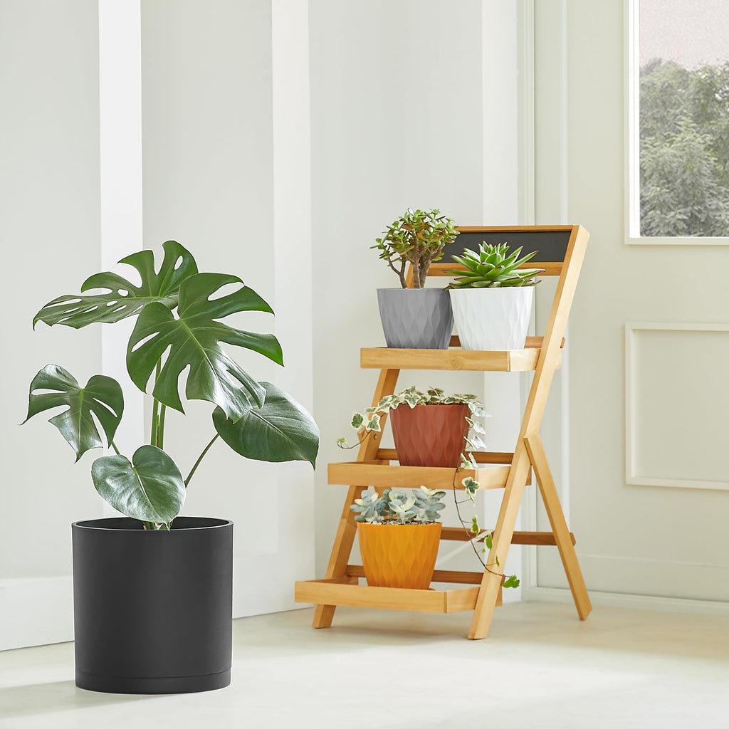 12-Inch Large Modern Cylinder Planter, Thick-Walled Plastic Plant Pot with Drainage Holes and Detachable Saucer