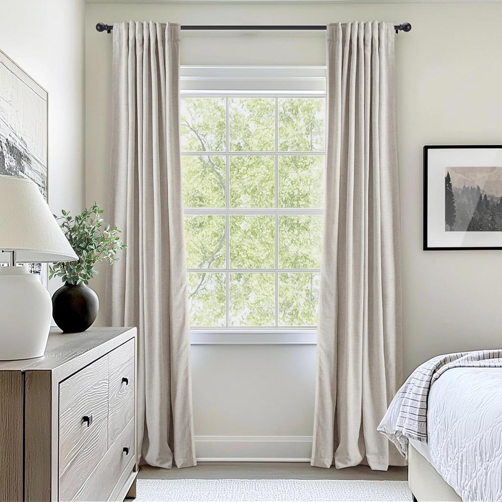 100% Blackout Curtains, Black Out Curtains 96 Inch Long, Clip Rings Linen Blackout Drapes, Thermal Insulated Room