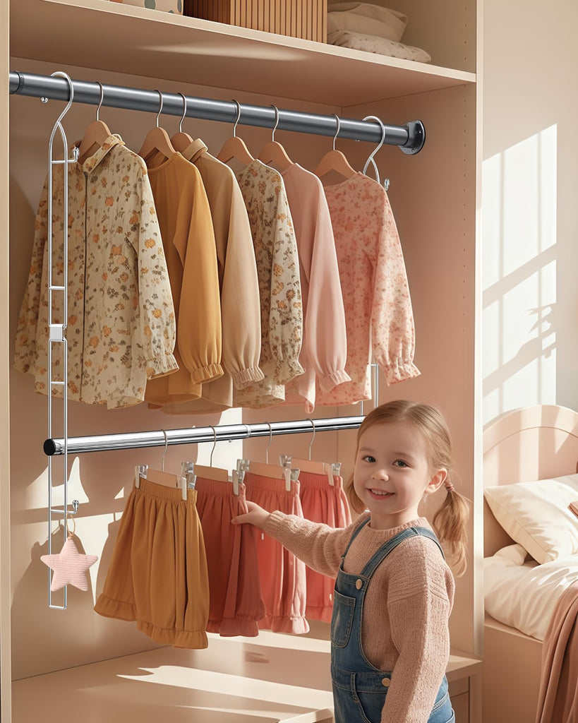 Hanging Closet Rod with Side Hooks, Adjustable Height & Width