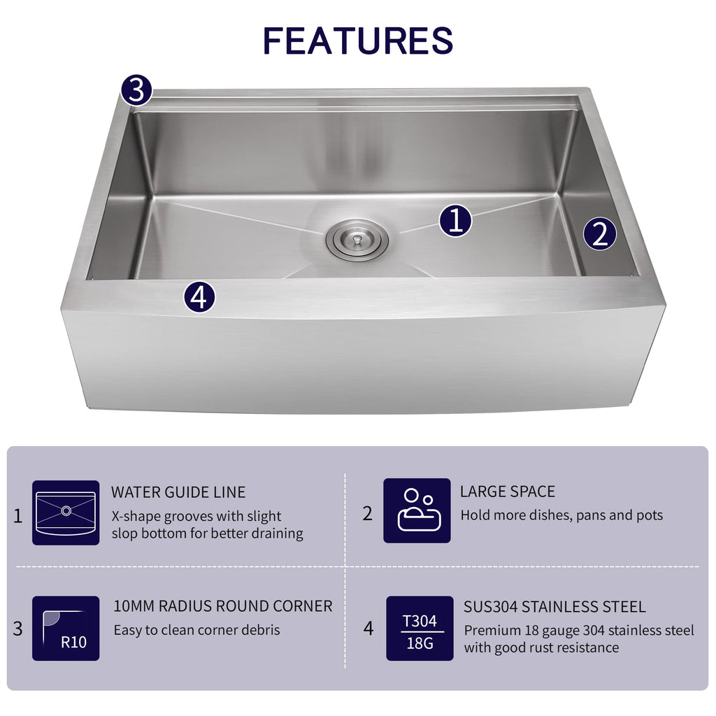 33 inch Farmhouse Kitchen Sink, Heavy Duty Single Bowl Apron Front Stainless Steel Workstation 18 Gauge, 9" Deep