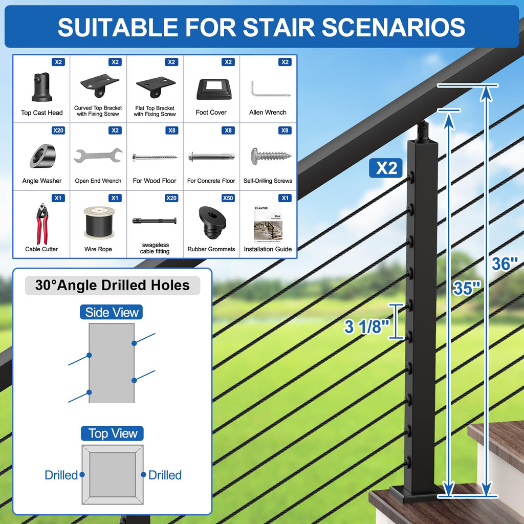4FT-10FT Complete Set Stair Cable Railing Kit, 36" Black Swageless Cable Railing Kit Includes 2Pack Angle Stair