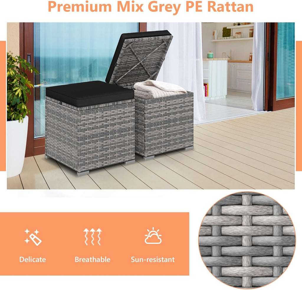 16" Outdoor Ottoman with Storage, Set of 2 Wicker Ottoman, Rattan Cube Footstool w/Removable Cushion Covers, Square