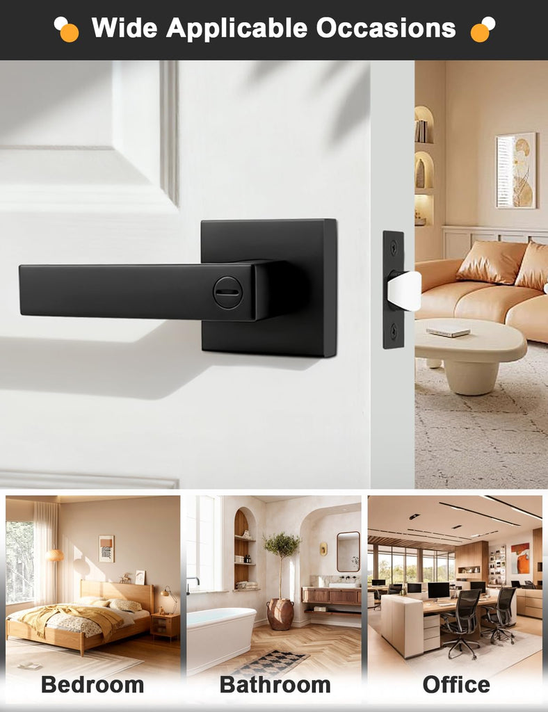 6 Pack Square Privacy Door Levers Locksets in Matte Black Finish, Bed/Bath Door Levers Keyless Interior