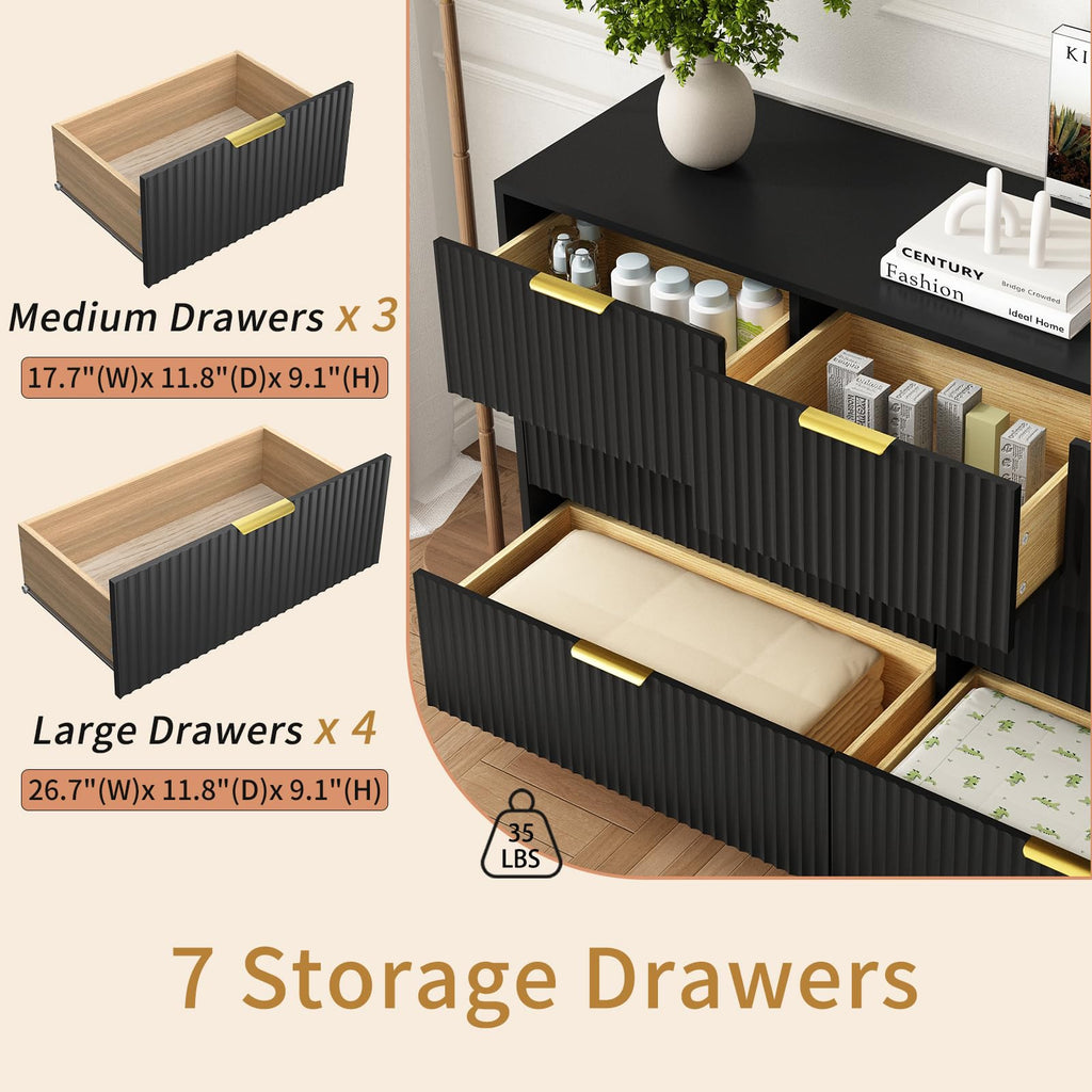 7 Drawer Fluted Dresser with Deep Drawers, Black丨55 Wide Mid Century Dresser, Modern Chest of Drawers, Wood TV Stand