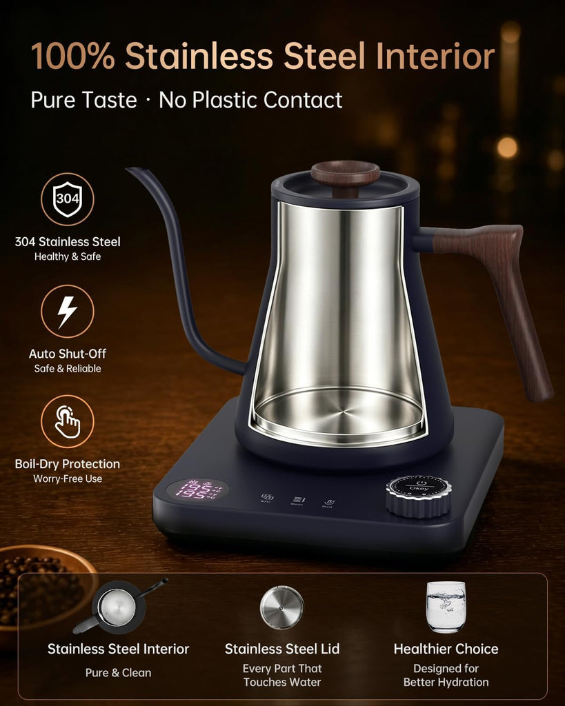 Gooseneck Electric Kettle with Temperature Control, 0.9L, Blue Wood | ±1°F Precision Pour Over Kettle, LCD Dual