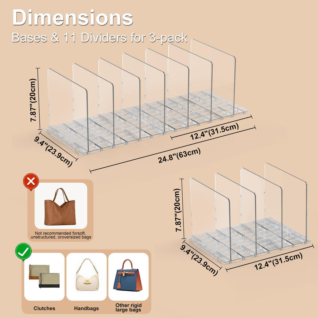 Bag & Purse Organizer for Closet: Adjustable Clear Dividers