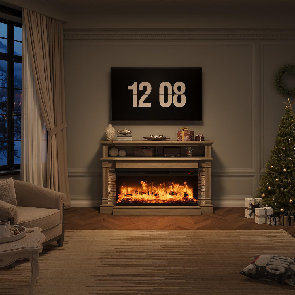 Fireplace TV Stand for TVs up to 65", Farmhouse 52" Fireplace Entertainment Center with 36" 3-Side Glass Electric