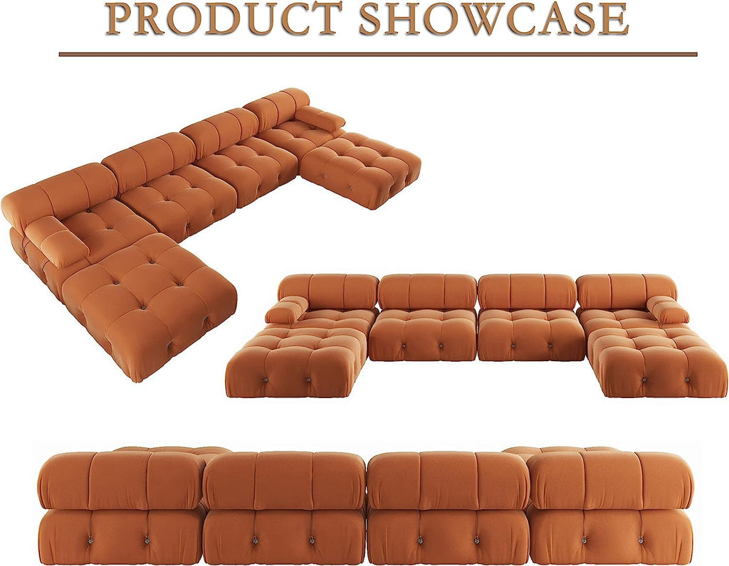 U-Shaped Modular Sectional Couch, 138" Minimalist Velvet Sofas, Convertible Couches, Mid-Century Modern Sectional