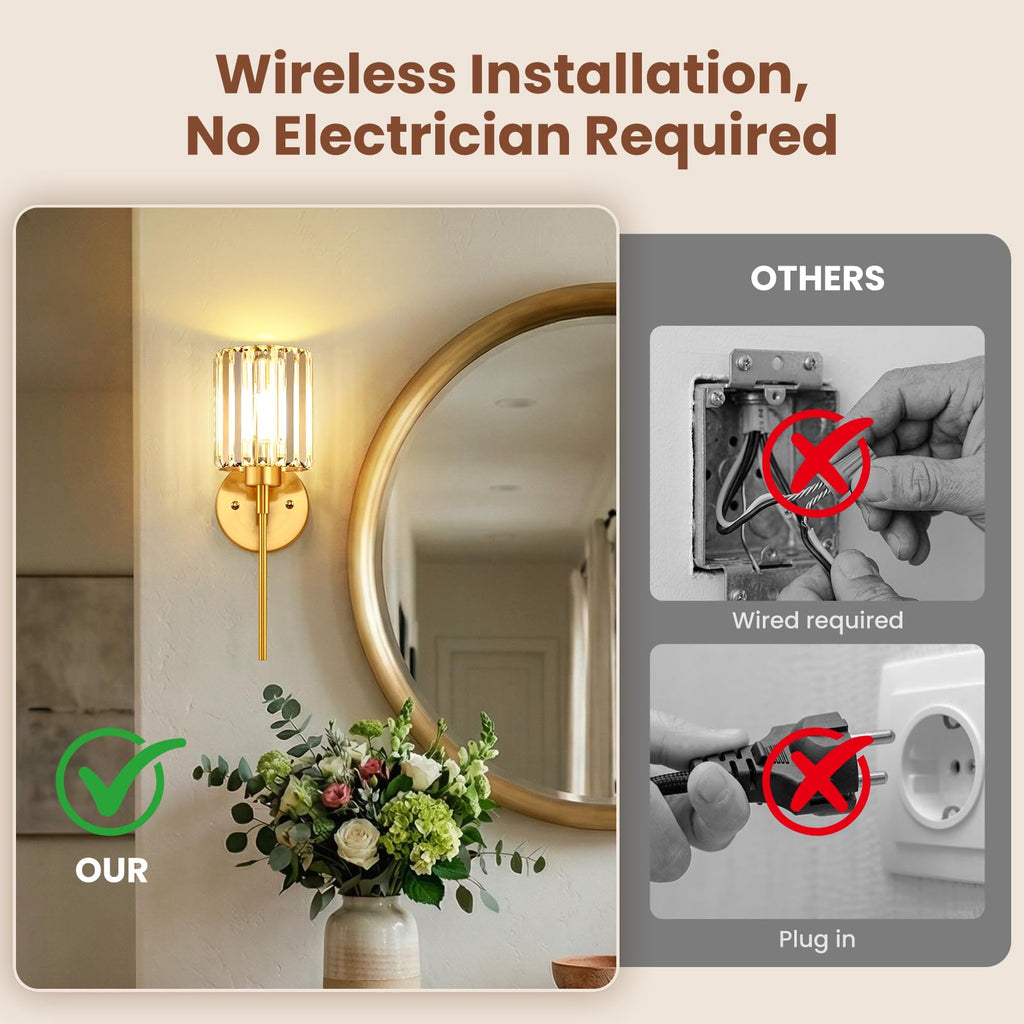 Crystal Battery Operated Wall Sconces, Brushed Gold Rechargeable Wireless Wall Sconce Lights with Dimmable