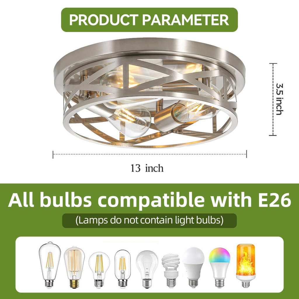 13 inch Brushed Nickel Flush Mount Ceiling Light Fixtures, 3-Light Modern Hallway Light Fixtures Ceiling, Brushed