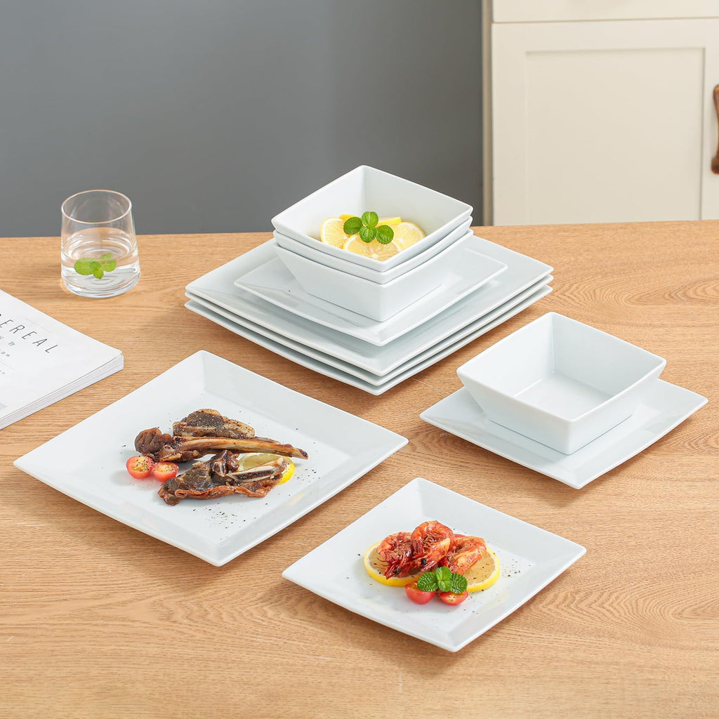 12-Piece Ceramic Kitchen Dinnerware Set, Service for 4, Porcelain Dishes Dinner Set, Square Dinnerware Sets with