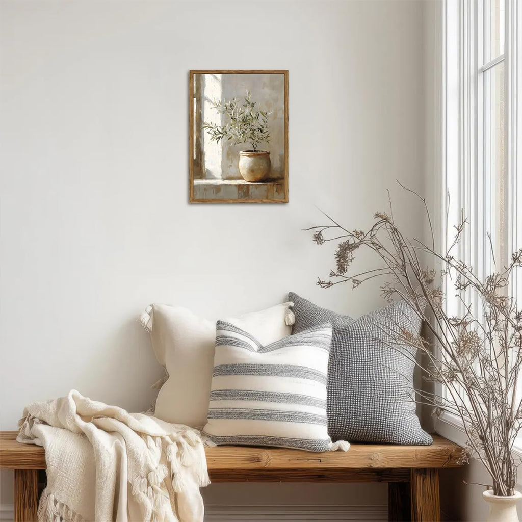 Framed Vintage Olive Tree Canvas Wall Art, Rustic Botanical Pictures Wall Decor, Neutral Potted Plant Paintings