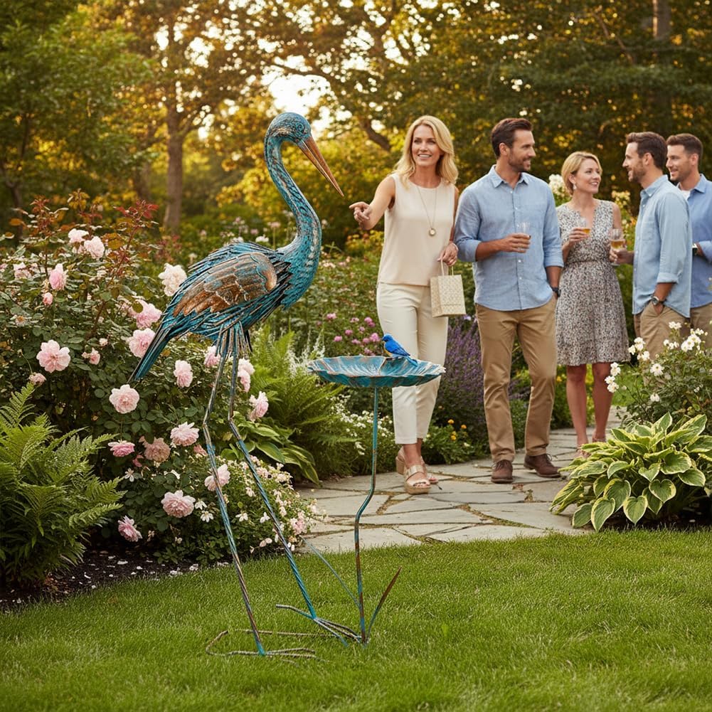 Metal Crane Garden Statue for Outside with Leaf Tray | Large Heron Outdoor Statues, Elegant Crane Yard Art Garden