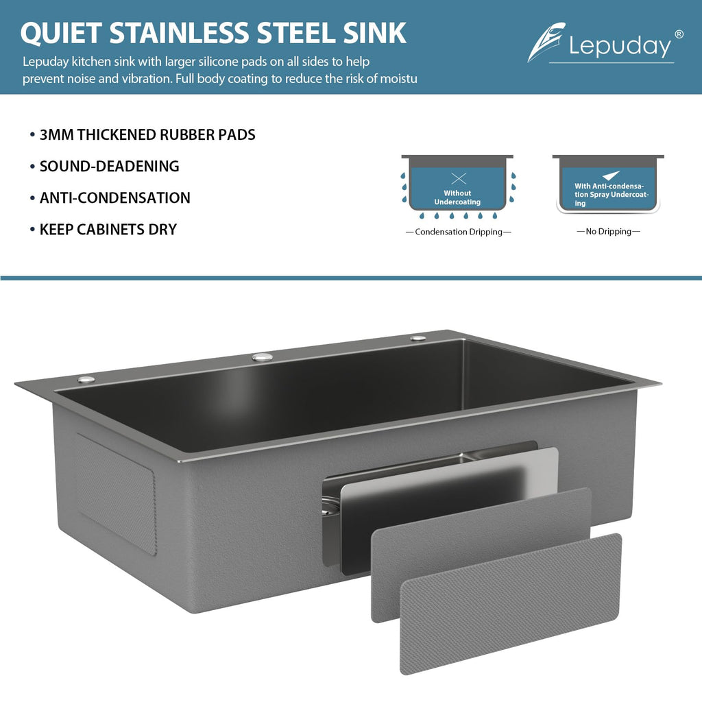33 Inch Black Drop In Stainless Steel Sink Single Bowl