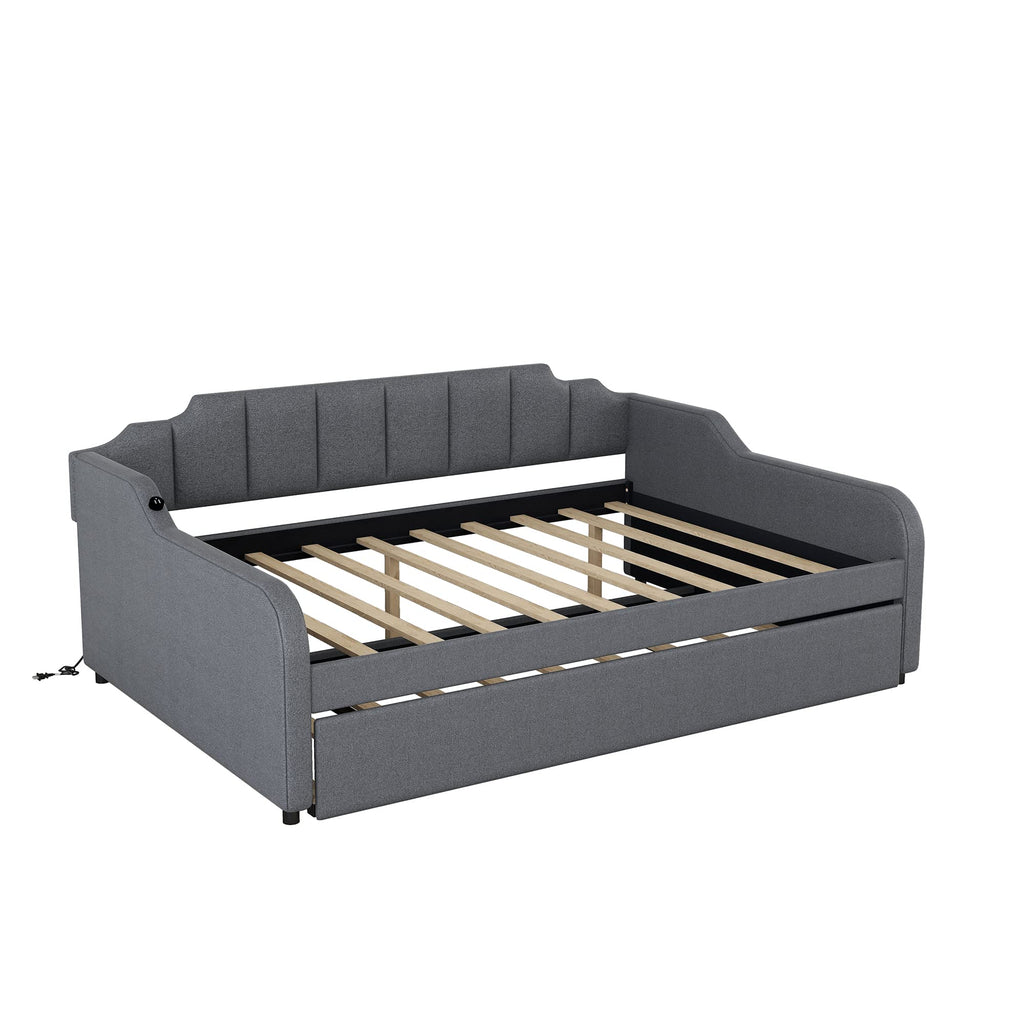Full Daybed with Pop-up Trundle Upholstery Day Bed Frame with USB Charging Ports Modern Sofa Beds with Adjustable