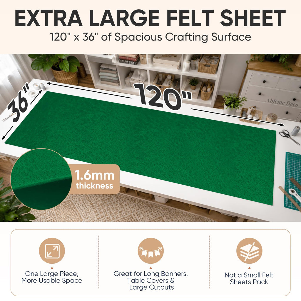 Large Felt Fabric Sheet 120" x 36", Soft Acrylic Material, Emerald Green