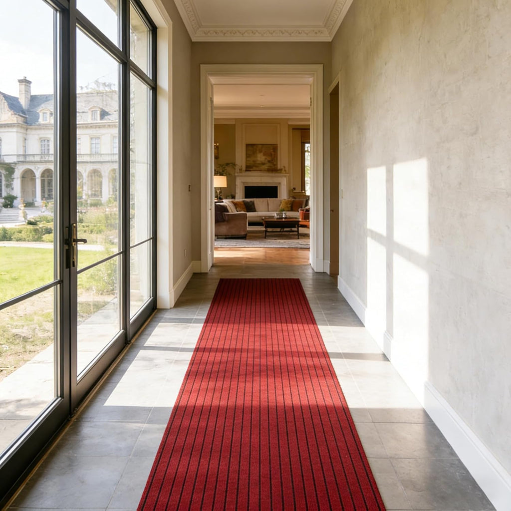 Stripe Runner Rug 2 x 6 ft Indoor Outdoor, Burgundy Non Slip Rubber Backing, Waterproof Low Profile Area Runner