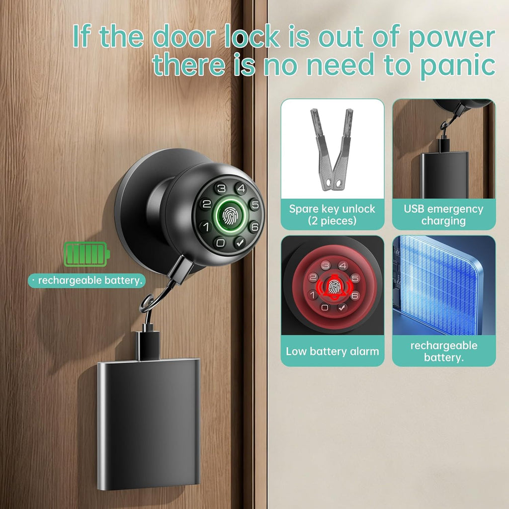 Fingerprint Door Lock Biometric Keypad Smart Door Knob | Bedroom Passcode Handle, Home Office