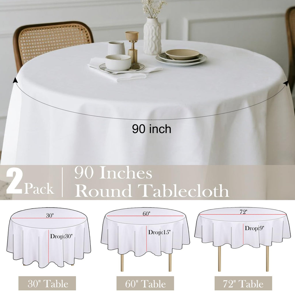 2 Pack White Round Polyester Tablecloth 90 Inch Washable for Round Tables, Stain and Wrinkle Resistant Cover Dining