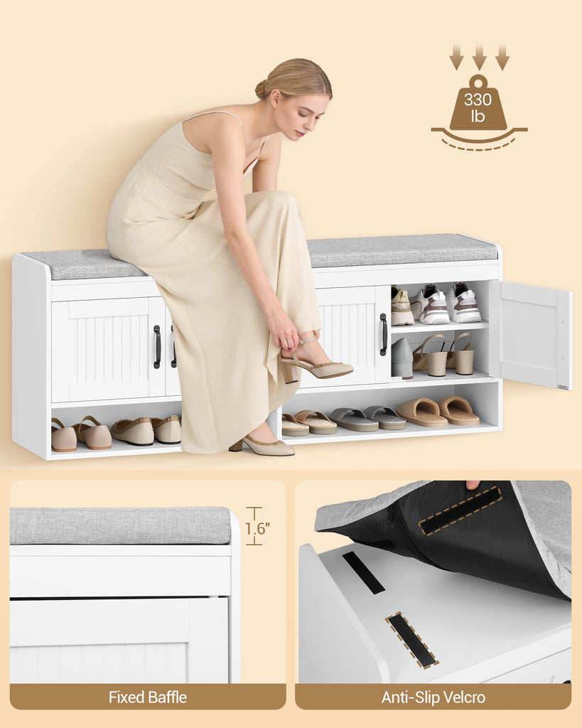 55.1" Shoe Storage Bench, Shoe Bench with 4 Doors & Padded Cushion