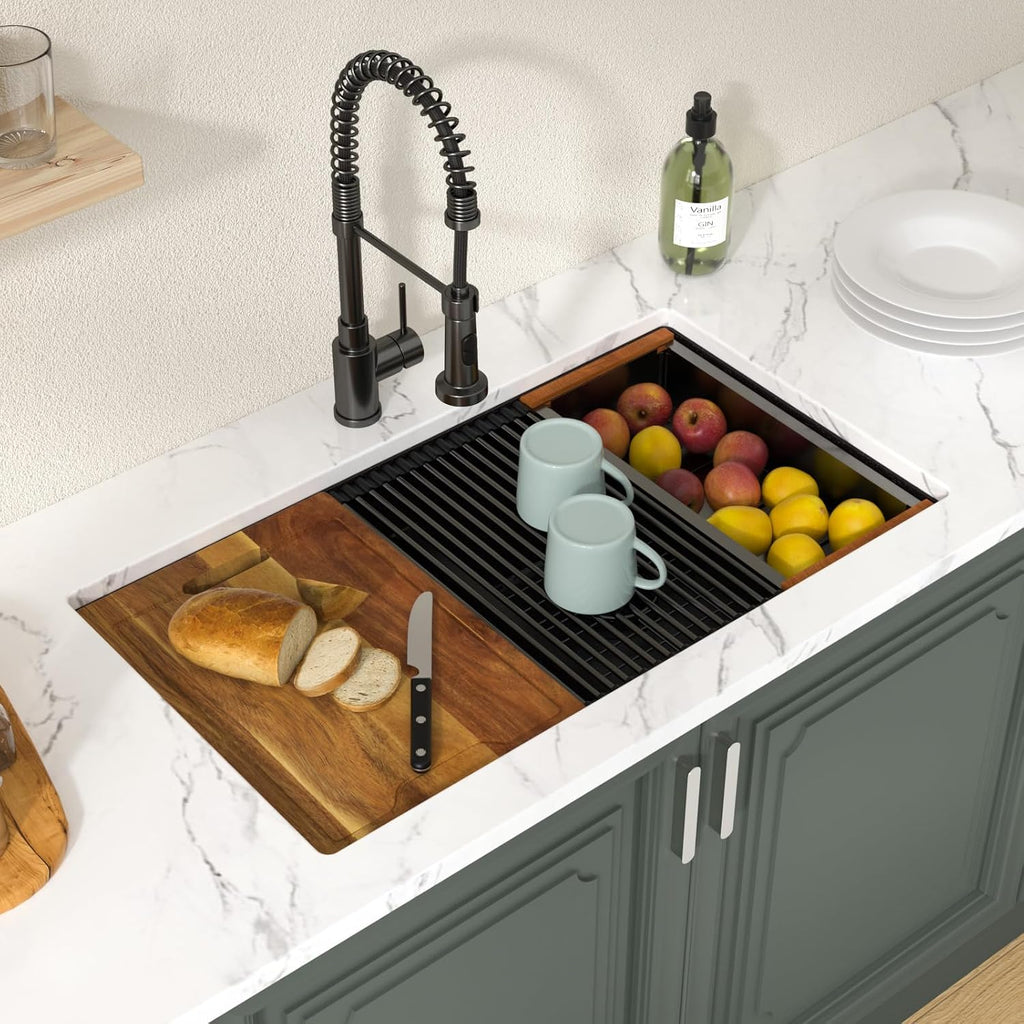 32 Inch Undermount Black Granite Double Bowl Sink Workstation 50/50 | Composite Granite Quartz Kitchen Sinks