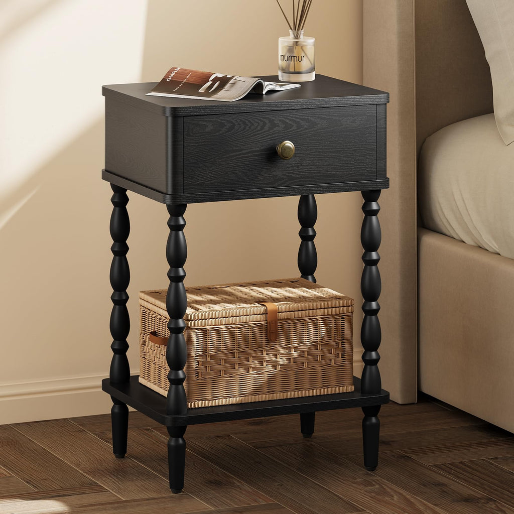 Small Side Table with Drawer - Black Nightstand with Wood Legs