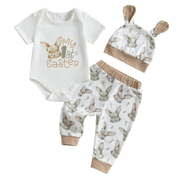 Newborn Baby Boy Girl Easter Day Clothes Set Short Sleeve Rabbit Romper Long Pants Hat My First Easter Outfits