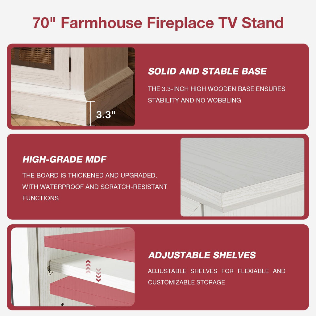 36 Inch 3-Sided Glass Fireplace TV Stand for TVs up to 80", Rustic Media Entertainment Center Console Table with