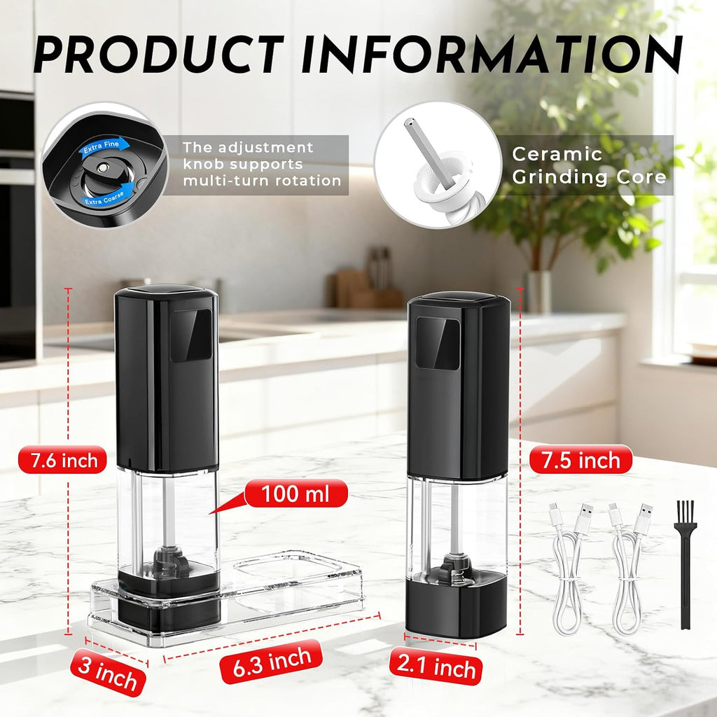 Electric Salt and Pepper Grinder Set,Automatic Pepper Mill Shakers,2 Pack - Set of 2